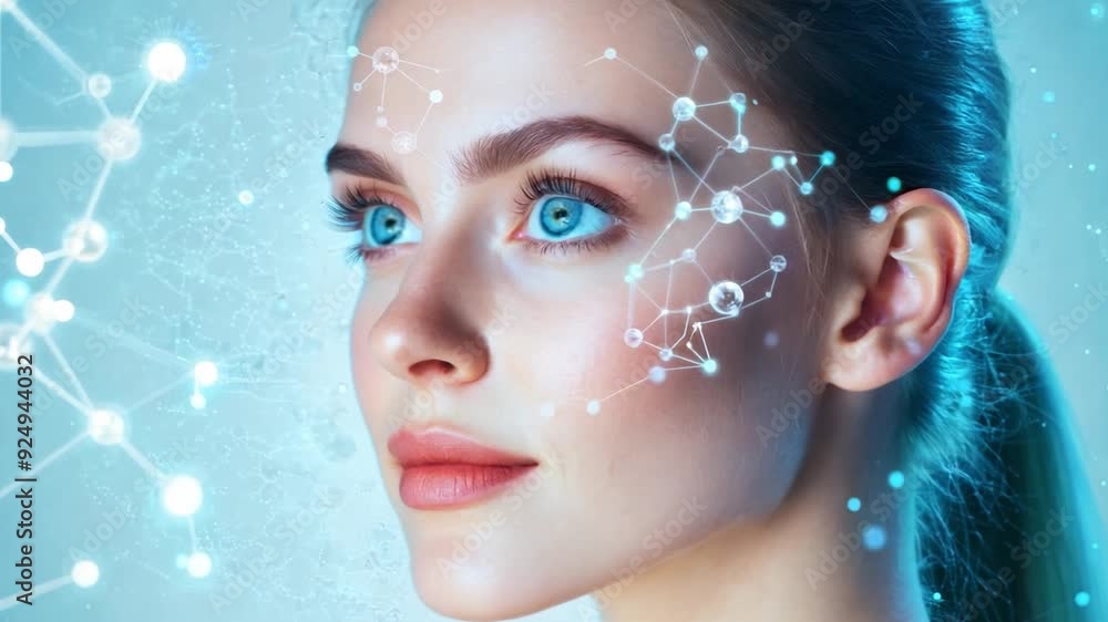 A young woman gazes thoughtfully as digital elements and molecular structures illuminate her face in a modern studio environment. A young woman gazes thoughtfully as digital elements and molecular structures illuminate her face in a modern studio environment.
