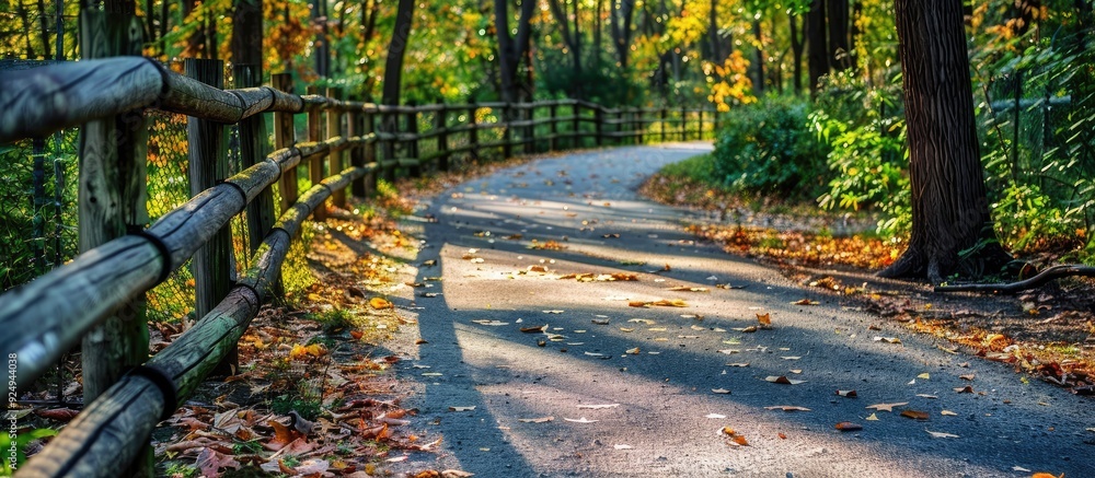 High angle view of a park footpath with a fence during autumn. with copy space image. Place for adding text or design High angle view of a park footpath with a fence during autumn. with copy space image. Place for adding text or design