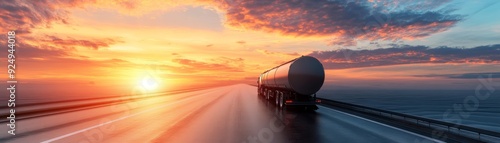 A stunning sunset scene with a truck traveling on an empty road, showcasing vibrant colors and a tranquil atmosphere. photo