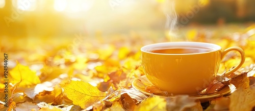 Yellow leaves beside a cup ...