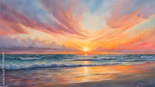 A beautiful sunset over the ocean with vibrant colors reflecting on the water and clouds