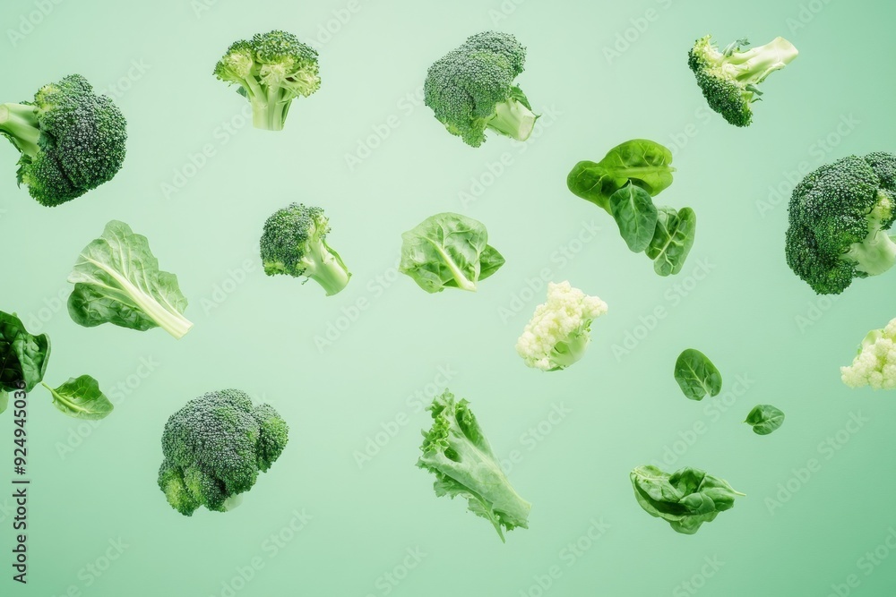 Floating Broccoli, Cauliflower, and Spinach on a Green Background Floating Broccoli, Cauliflower, and Spinach on a Green Background