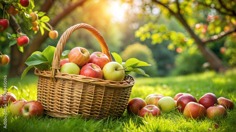 Basket of fresh apples in the orchard Basket of fresh apples in the orchard