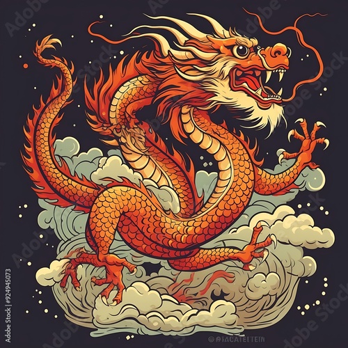 A colorful dragon soaring through clouds against a dark background in an artistic representation