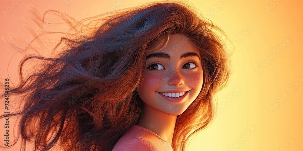 Cheerful young character with flowing hair glancing sideways with a bright smile exuding a natural and confident vibe Cheerful young character with flowing hair glancing sideways with a bright smile exuding a natural and confident vibe