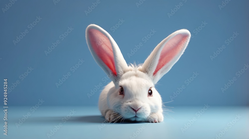 Obraz premium A white rabbit ear set on a soft blue backdrop. Easter Monday. three-dimensional rendering