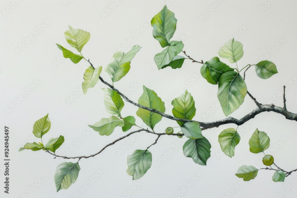 Watercolor painting of a branch with green leaves growing in the spring Watercolor painting of a branch with green leaves growing in the spring