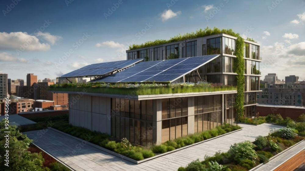 A modern building with a green rooftop garden, solar panels, and rainwater harvesting systems, set against a backdrop of a sustainable urban environment. A modern building with a green rooftop garden, solar panels, and rainwater harvesting systems, set against a backdrop of a sustainable urban environment.