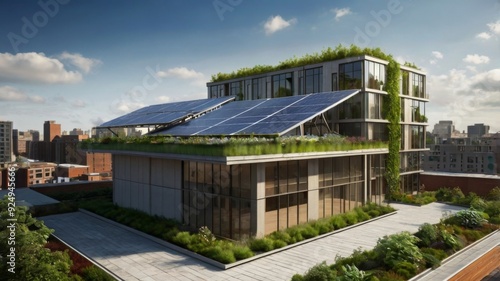 Wallpaper Mural A modern building with a green rooftop garden, solar panels, and rainwater harvesting systems, set against a backdrop of a sustainable urban environment. Torontodigital.ca