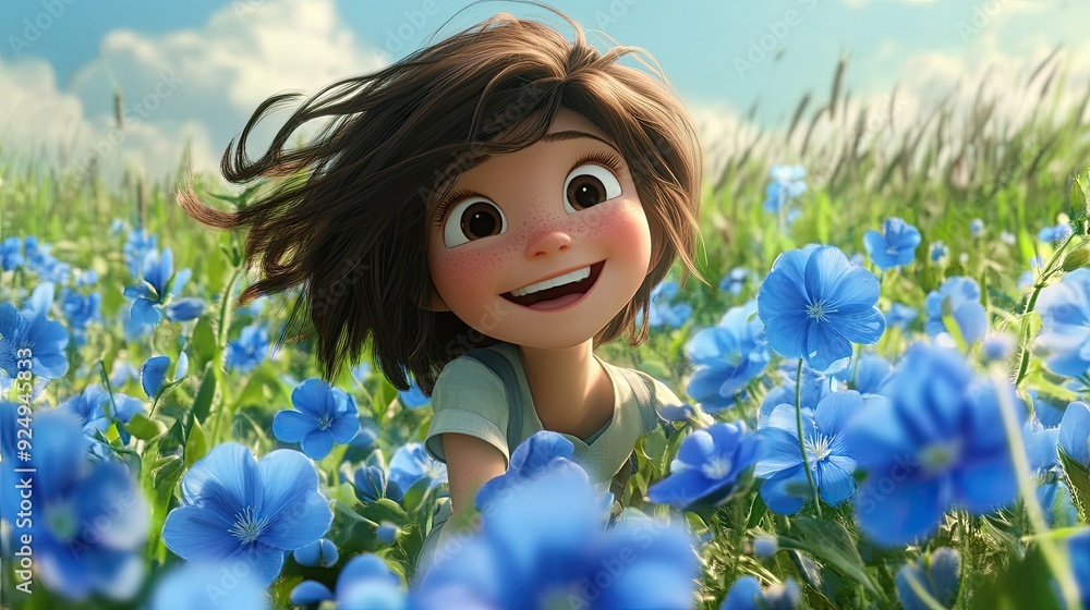 A cheerful brown haired character delights in a field of vibrant blue flowers on a sunny spring day A cheerful brown haired character delights in a field of vibrant blue flowers on a sunny spring day