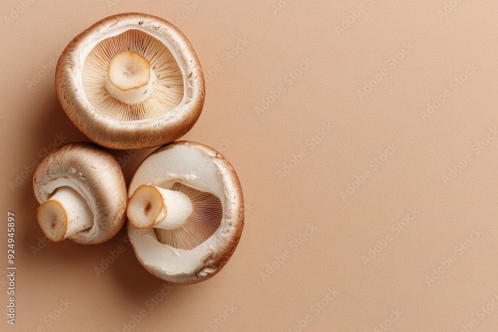 Three Whole Mushrooms on a Tan Background Three Whole Mushrooms on a Tan Background