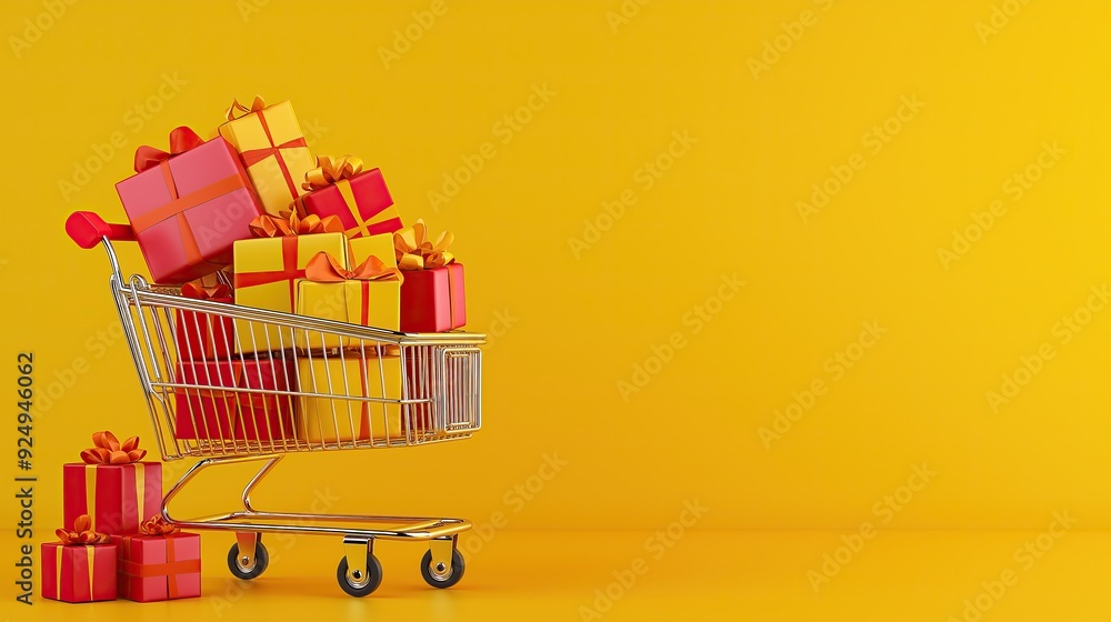 Black Friday Ready: Yellow Cart Filled with Red Gift Boxes with copy space for text Black Friday Ready: Yellow Cart Filled with Red Gift Boxes with copy space for text