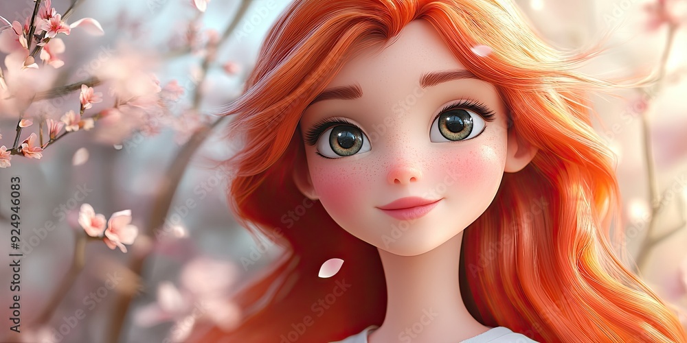 3D Cartoon Portrait of a Beautiful Redheaded Girl in Spring 3D Cartoon Portrait of a Beautiful Redheaded Girl in Spring