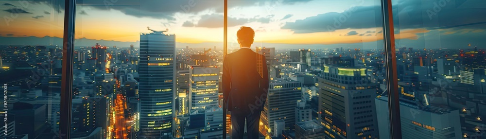 A contemplative individual gazes at a stunning urban sunset from a high-rise window, capturing a moment of reflection and inspiration. A contemplative individual gazes at a stunning urban sunset from a high-rise window, capturing a moment of reflection and inspiration.