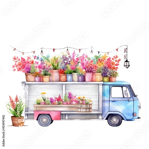 Colorful watercolor illustration of a flower truck filled with various potted plants and flowers in a vibrant and charming style.