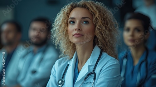 medical team of doctors sitting and listening on conference