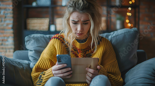 A young lady in distress is using her smartphone while seated on the couch at home.