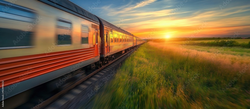 Fototapeta premium Train Journey Through Sunset Fields