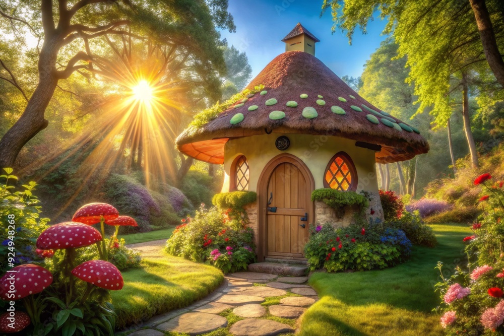 Obraz premium Whimsical fairy-tale-like cottage with mushroom-inspired roof and vibrant foliage basks in warm sunlight, exuding a sense of magic and wonder.
