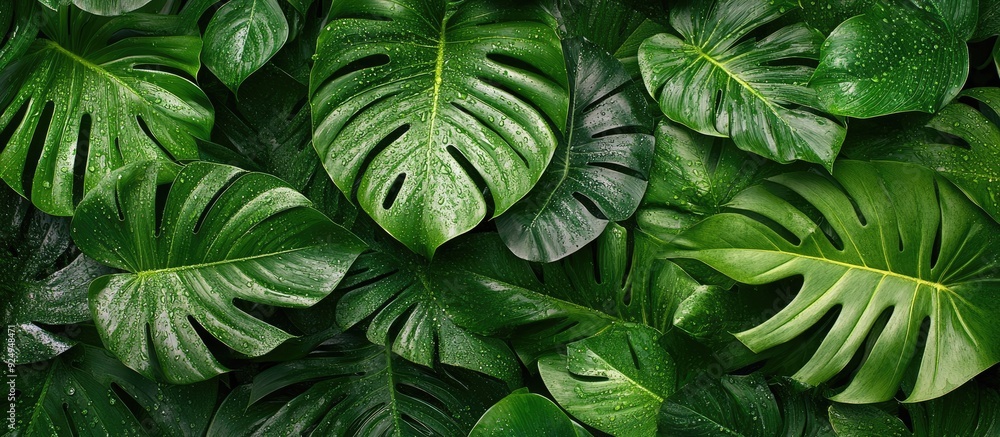 Fototapeta premium Natural green plant landscape serving as a background or wallpaper with copyspace for text Tropical leaves texture Close up of tropical palm leaves and jungle foliage Flat lay of green leaves with wa