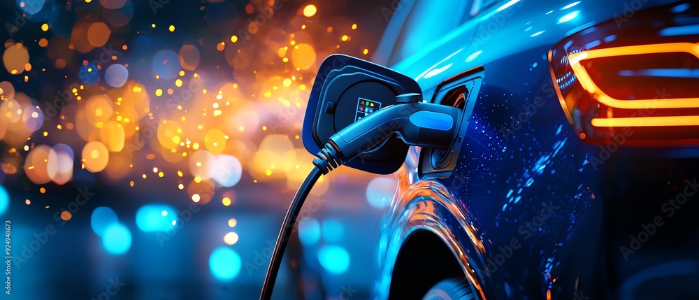 Close-up of an electric vehicle being charged at night, showcasing modern technology and vibrant lighting. EV chargers hologram concept. Close-up of an electric vehicle being charged at night, showcasing modern technology and vibrant lighting. EV chargers hologram concept.