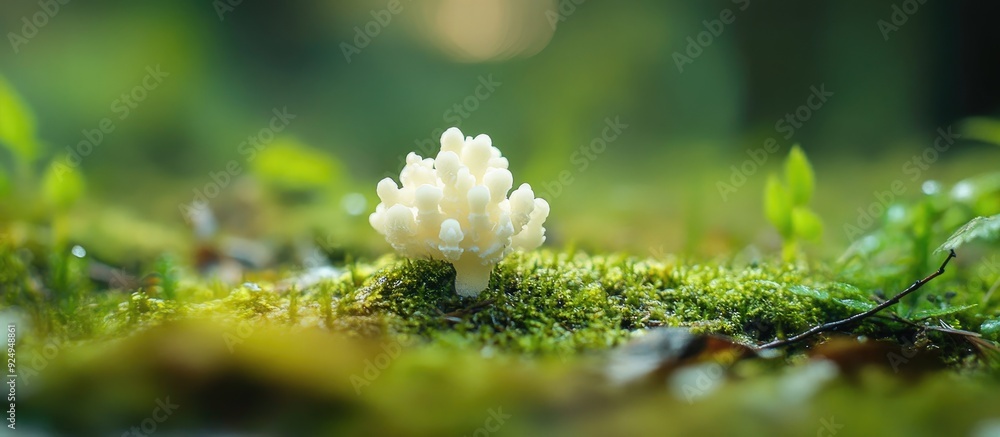 A white fungus that appears naturally on the moss covered ground during the rainy season. with copy space image. Place for adding text or design A white fungus that appears naturally on the moss covered ground during the rainy season. with copy space image. Place for adding text or design