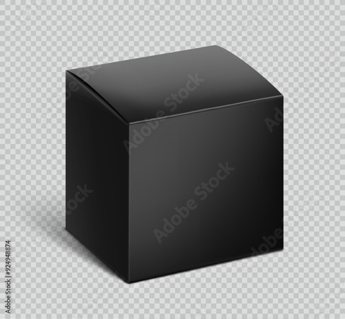 Realistic black paperboard box mockup. Vector illustration on transparent background. Half side view. Can be use for food, cosmetic, pharmacy, sport and etc. Ready for your design. EPS10.