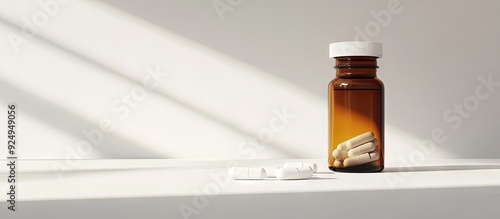 bottle and pills set against a white background. with copy space image. Place for adding text or design