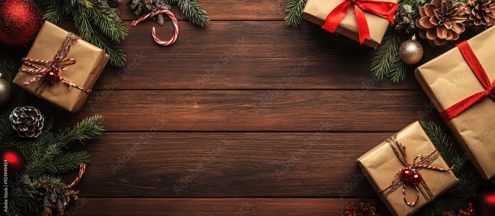 Gift wrapping for Christmas and New Year A Christmas backdrop featuring gift boxes ribbons paper handles and decorations on a wooden surface Getting ready for the holidays Top view with copyspace Gift wrapping for Christmas and New Year A Christmas backdrop featuring gift boxes ribbons paper handles and decorations on a wooden surface Getting ready for the holidays Top view with copyspace