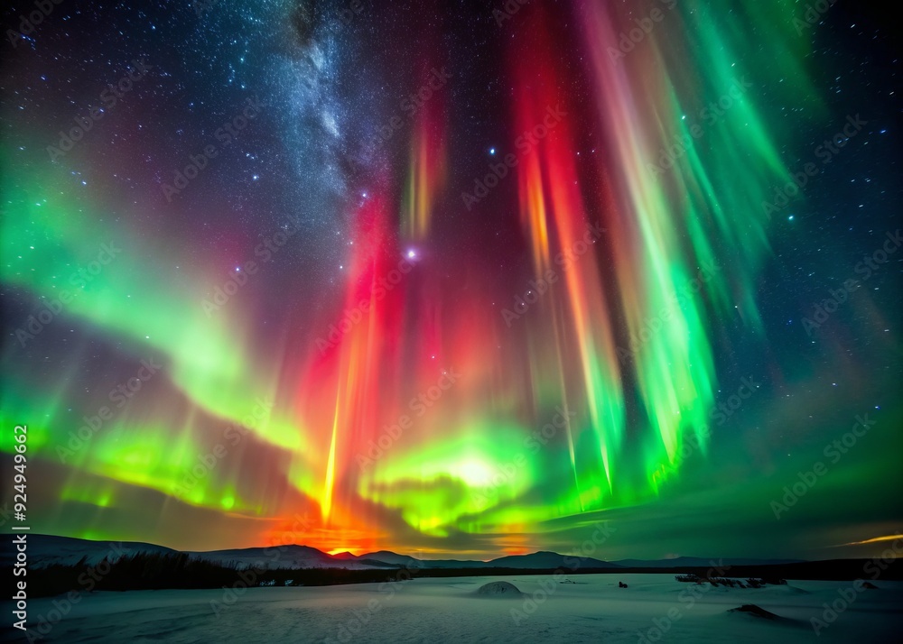 Obraz premium Aurora-inspired, spectral galaxy, with shimmering curtains of emerald green, and flashes of crimson, set against a dark, star-filled sky, in a vibrant, high-energy mood.