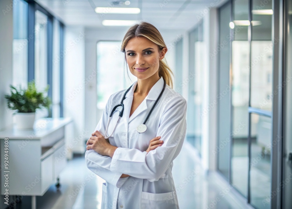 Confident female healthcare provider stands with arms crossed, wearing a white medical coat and stethoscope, against a clean white background in a hospital examination room. Confident female healthcare provider stands with arms crossed, wearing a white medical coat and stethoscope, against a clean white background in a hospital examination room.