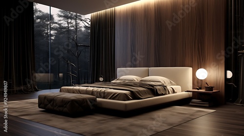 Modern bedroom interior with a luxurious king-sized bed