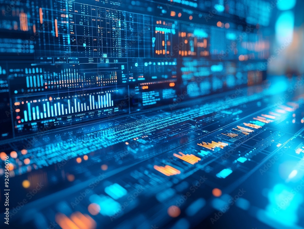 Stereoscopic data chart, visual data screen, data table, Visual data design, Technical style, blue and white color scheme, white font, blue background, Surreal, 3D rendering, OC renderer, 8k, HD, UHD Stereoscopic data chart, visual data screen, data table, Visual data design, Technical style, blue and white color scheme, white font, blue background, Surreal, 3D rendering, OC renderer, 8k, HD, UHD