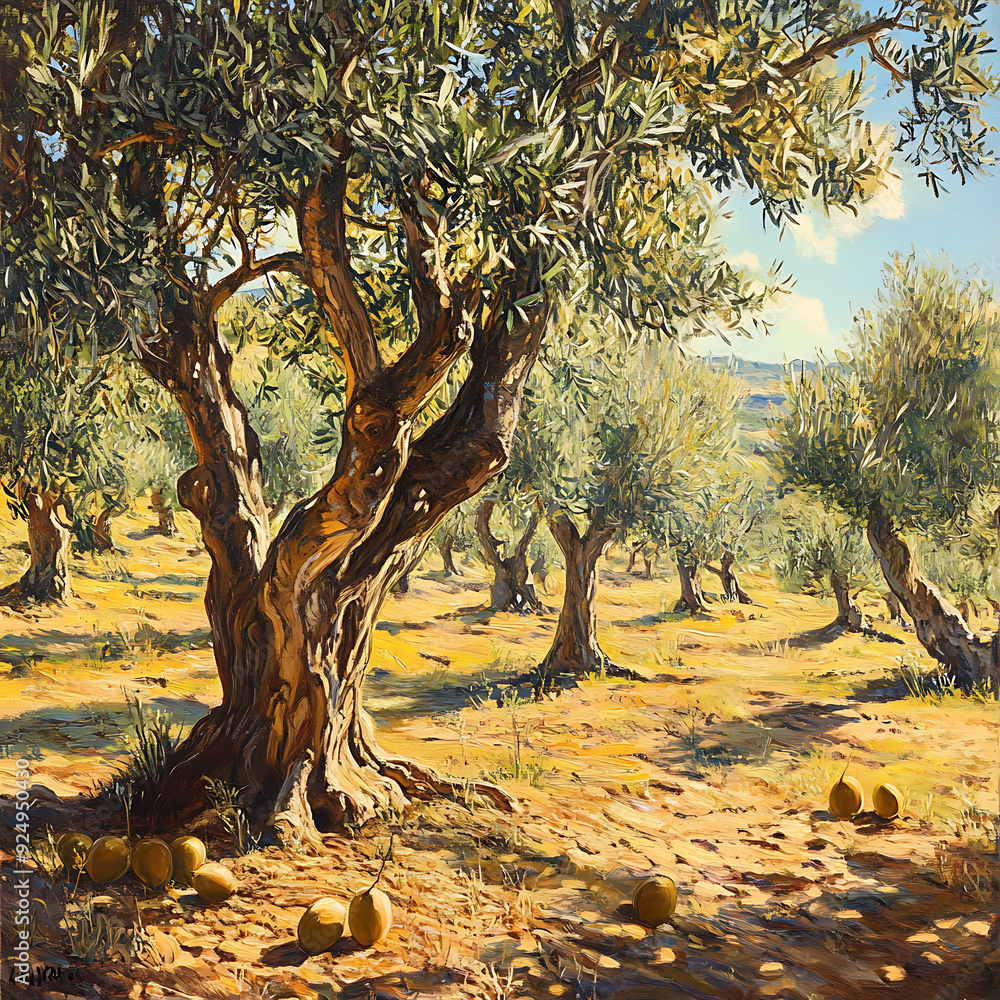 Fototapeta premium A picturesque olive grove bathed in warm sunlight, with ancient olive trees laden with ripe olives.
