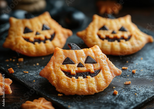 Pie de hojaldre individuales decorados con la cara de una calabaza de Halloween detalles en negro, caras sonrientes, postre infantil casero, suculento, rellenos, dulces o saldos, recetas estivales photo