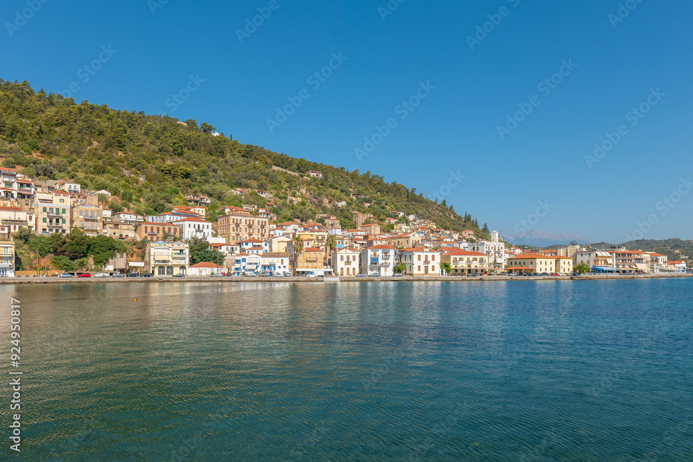 Greece Peloponnese Region Gytheio Village Colorful Houses Church and Coastline Greece Peloponnese Region Gytheio Village Colorful Houses Church and Coastline