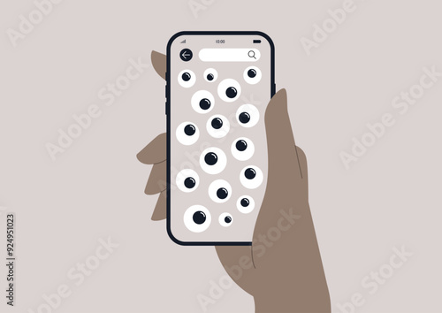 A hand holds a mobile device displaying an array of googly eyes, giving a fun impression of watching and curiosity