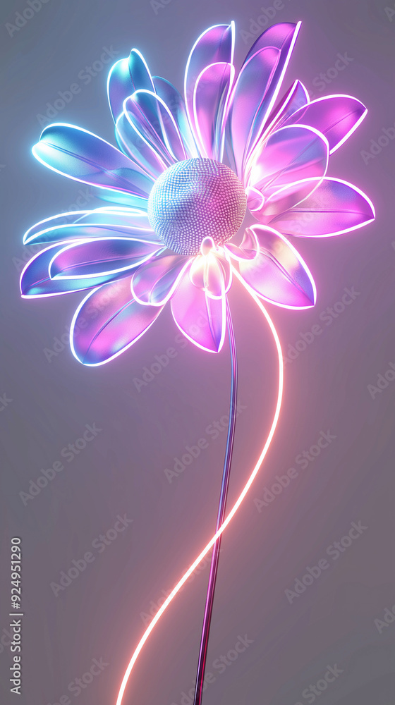 Obraz premium Transparent neon glowing flower on dark background.