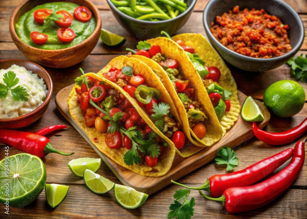 VibrantMexican feast features crispy tacos, fresh guacamole, and warm tortillas, served with a side of spicy chili peppers and a sprinkle of lime zest. VibrantMexican feast features crispy tacos, fresh guacamole, and warm tortillas, served with a side of spicy chili peppers and a sprinkle of lime zest.