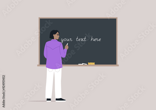 A focused instructor in stylish attire pens thoughts on a chalkboard, inspiring students in a contemporary learning space