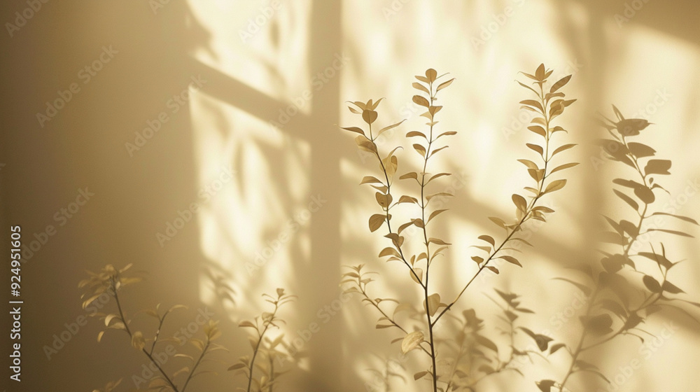 Fototapeta premium Bedroom wall front view, morning light falling on plant trees