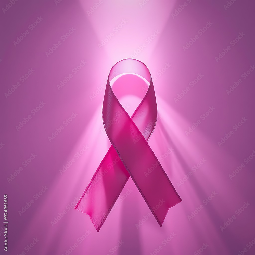 Prink ribbon for breast cancer awareness with a light halo around it on a lavender pink background. Prink ribbon for breast cancer awareness with a light halo around it on a lavender pink background.