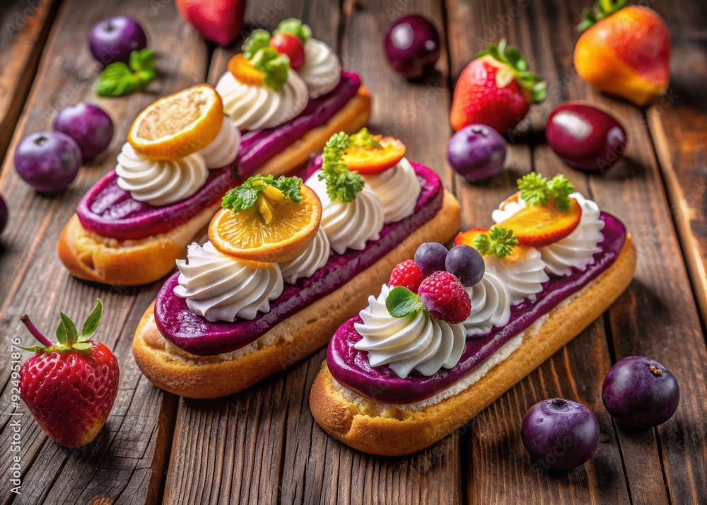 Vibrant purple passion fruit eclairs adorned with swirls of fluffy whipping cream and fresh fruit slices, arranged artfully on a rustic wooden table surface. Vibrant purple passion fruit eclairs adorned with swirls of fluffy whipping cream and fresh fruit slices, arranged artfully on a rustic wooden table surface.