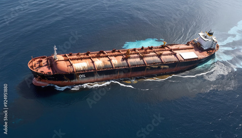 Aerial view of an old crude oil transport ship that is losing oil due to technical problems or aging and is heavily polluting and contaminating the environment with crude oil