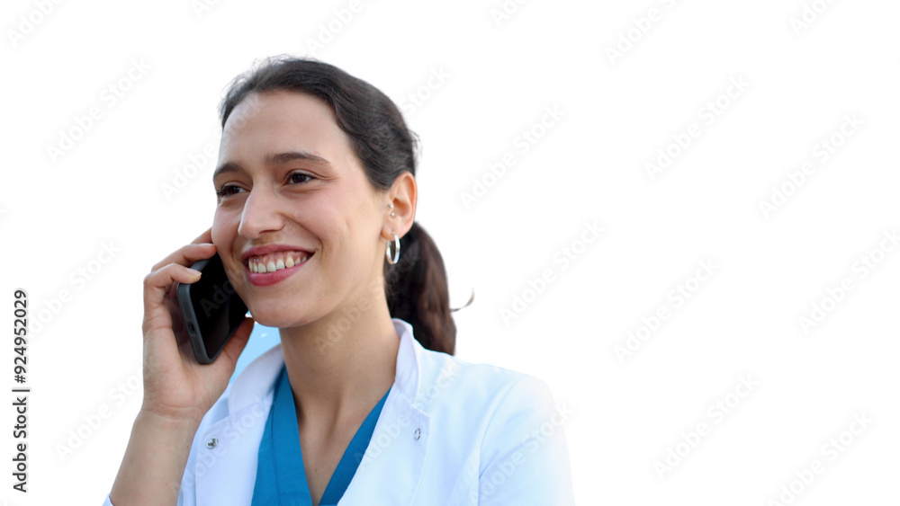 Young female doctor standing in front of her medical clinic and talking on mobile phone Young female doctor standing in front of her medical clinic and talking on mobile phone