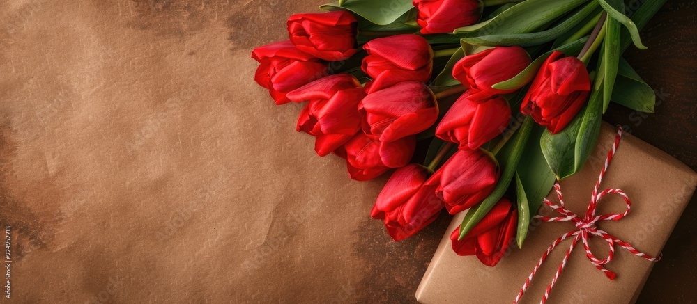 Red tulip bouquet wrapped in craft paper on a beige background Copy space top view Red tulip bouquet wrapped in craft paper on a beige background Copy space top view