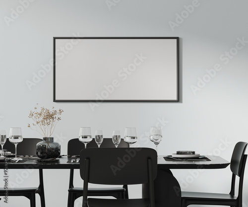 frame mock up above a beautiful dining table setted with cutlery, plates, glasses and decor, black furniture , 3d rendering