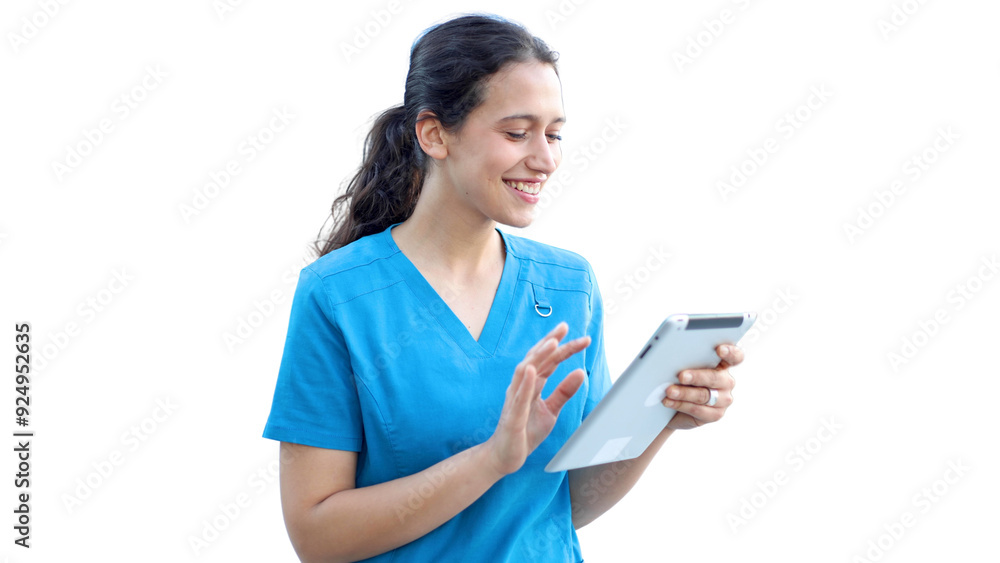 Young female doctor standing in front of her medical clinic and using a digital tablet, transparent background Young female doctor standing in front of her medical clinic and using a digital tablet, transparent background
