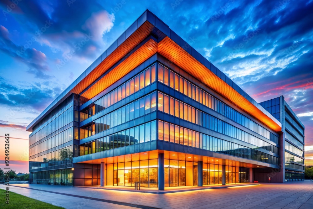 bright gradient blue and orange hues futuristic modern corporate building architecture concept sleek lines minimalist typography high-end business style atmospheric evening mood bright gradient blue and orange hues futuristic modern corporate building architecture concept sleek lines minimalist typography high-end business style atmospheric evening mood