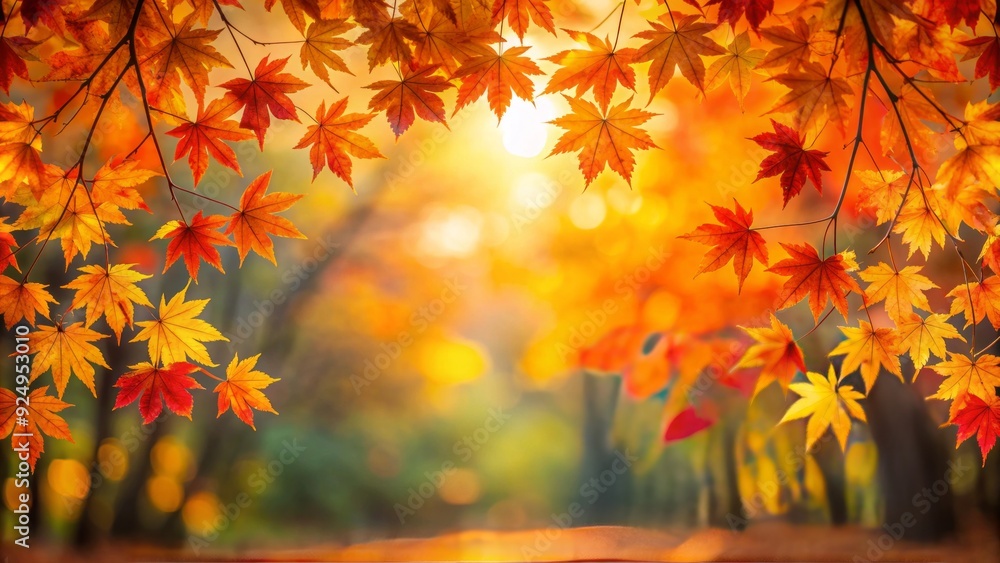 Vibrant orange, gold, and red maple leaves form a stunning border against a soft, blurred background of warm sunlight in a serene nature park setting. Vibrant orange, gold, and red maple leaves form a stunning border against a soft, blurred background of warm sunlight in a serene nature park setting.